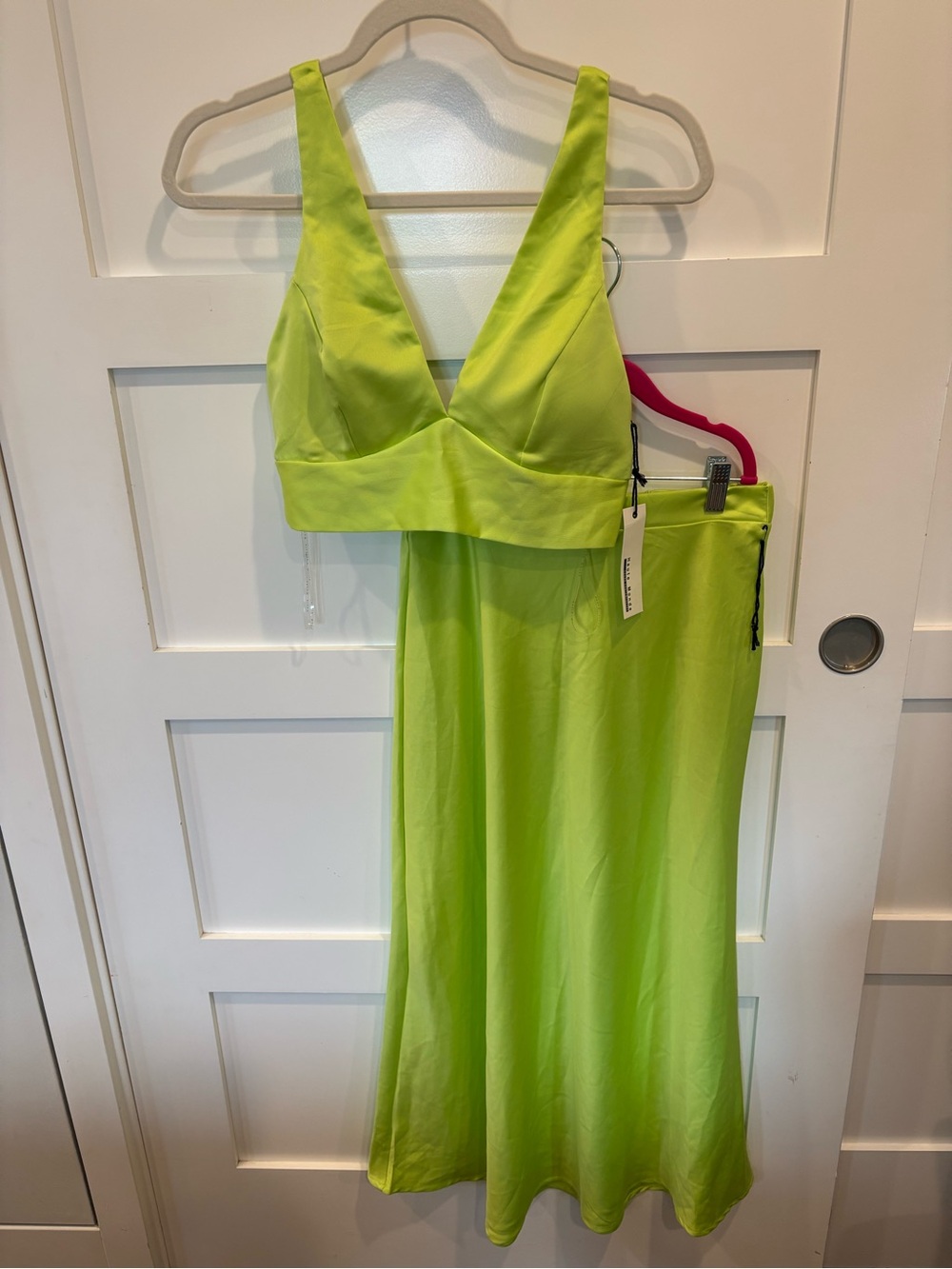 Haute Monde Neon Lime Satin Bralette & Skirt Set